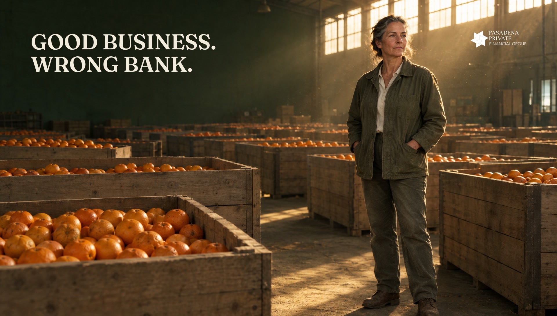 The owner among crates at dawn