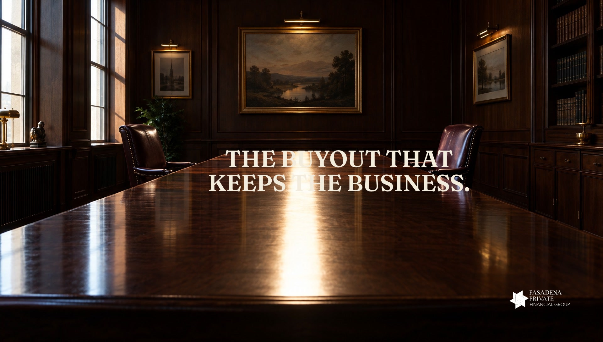 A conference table split by light